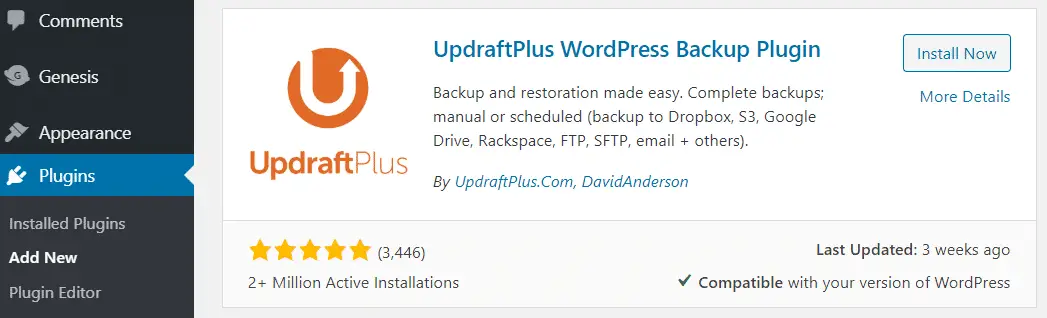 install updraftplus plugin