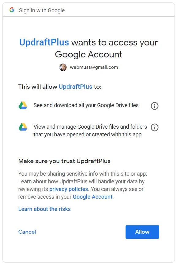 updraftplus google drive access