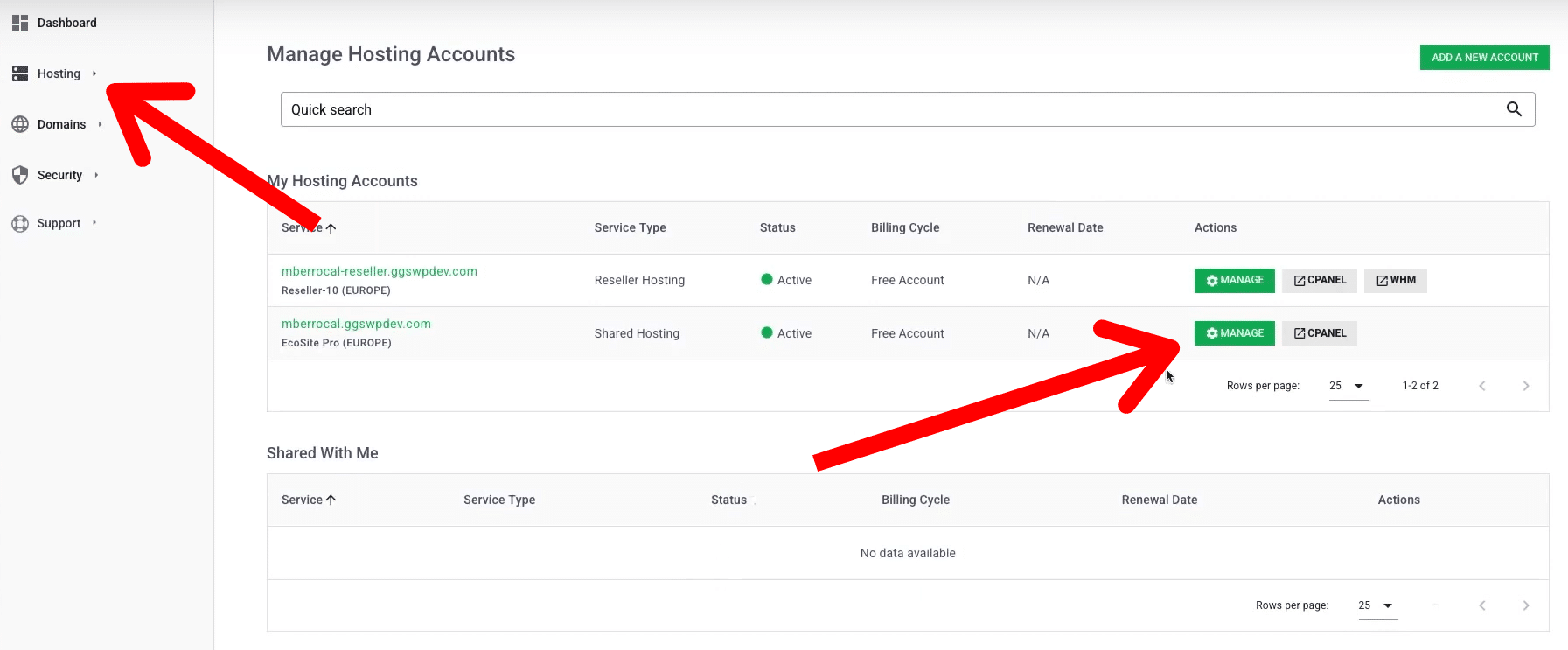 GreenGeeks Hosting Dashboard